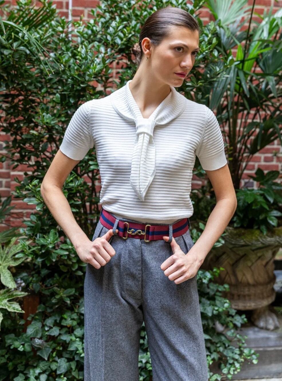 Cathcart London Sailor Top Blouse Ribbed Bow Tie Neck 6 White Cotton Silk